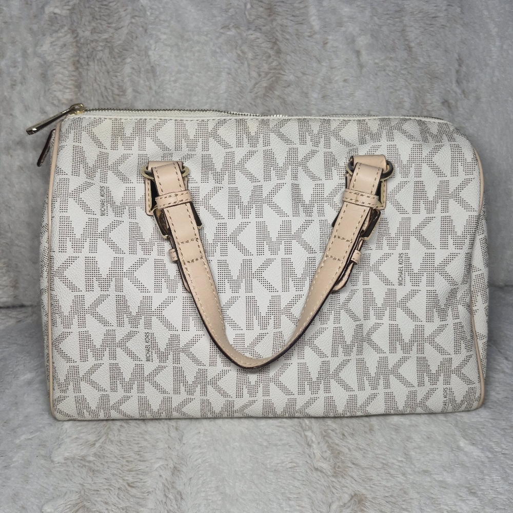 Michael Kors White and Tan Signature Satchel Purse Perfect For Everyday Styling - Picture 10 of 12